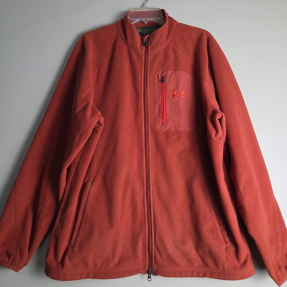 Under Armour Mens Full Zip Fleece Jacket Burnt Orange Mock Neck Large